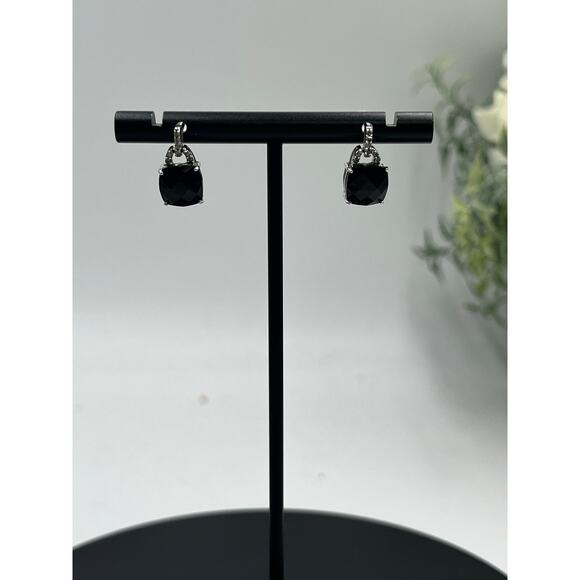 Vintage 10K White Gold Oval Prong Cushion Black Onyx Diamond Dangle Earrings - Picture 4 of 11